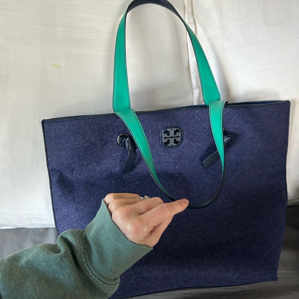 Tory Burch Navy and Teal Felt Colorblock Tote Bag